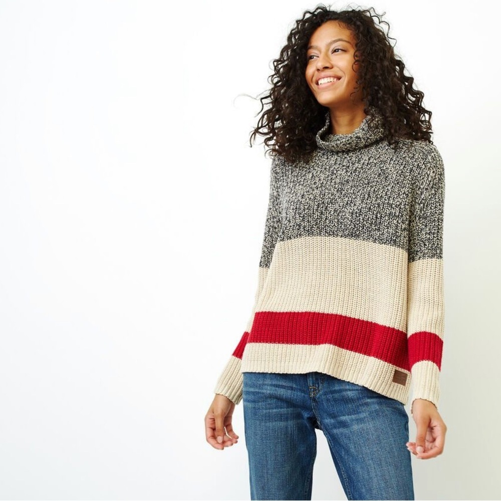 Roots Gray and Cream Turtleneck Sweater with Red Stripe